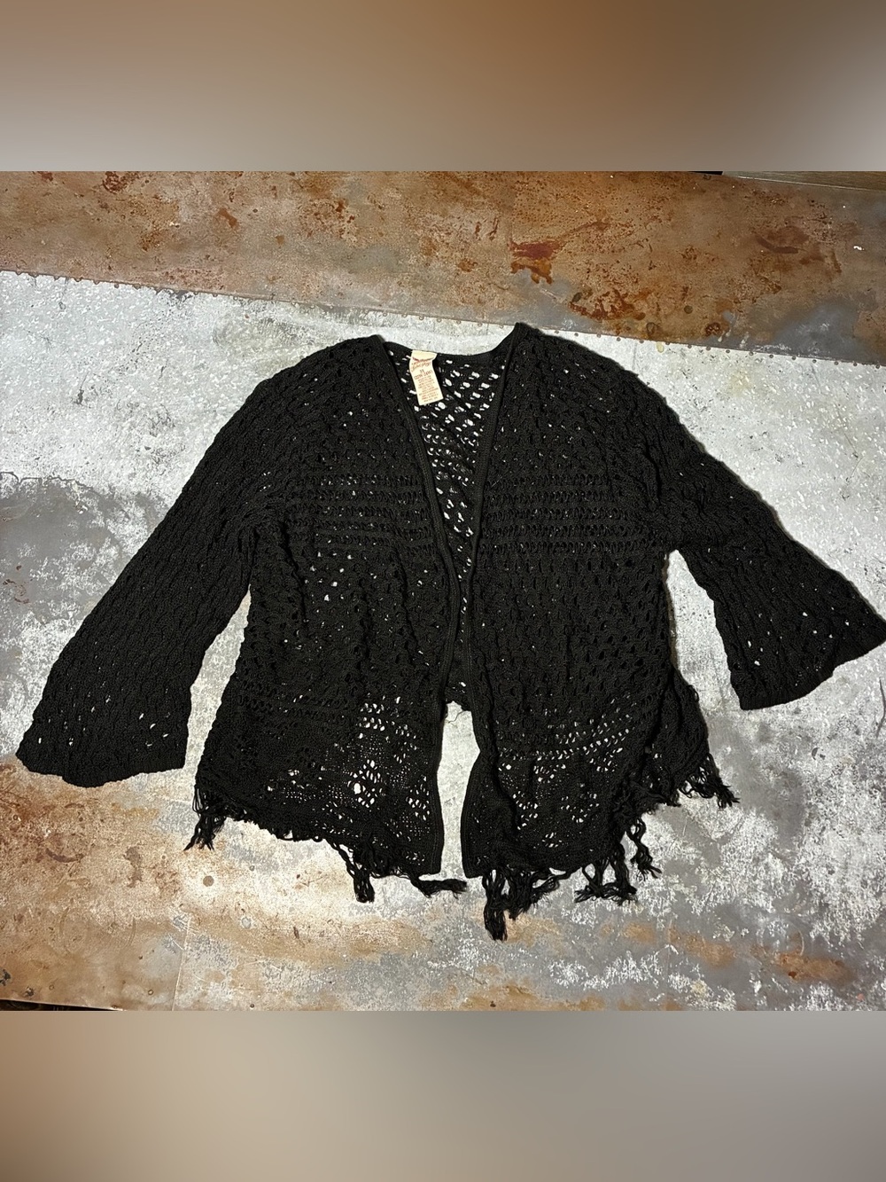 Vintage Faded Glory Black Crochet Fringe Cardigan Boho Festival Duster 3X
